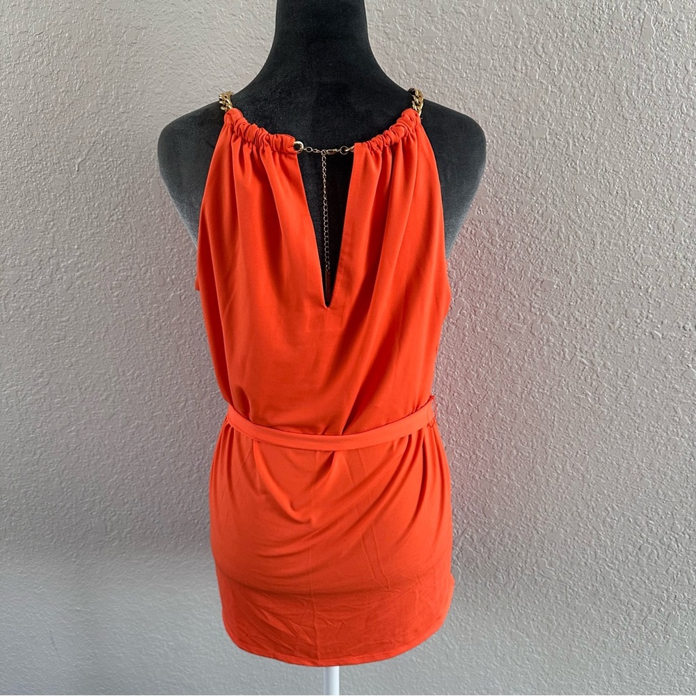 Michael Michael Kors Orange Belted Halter Tunic Gold Chain Neck Size M - Picture 5 of 12
